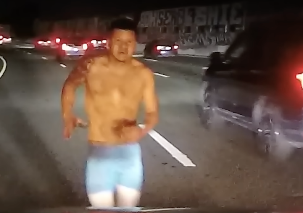 Muscular Half Naked Man Running On Bay Area Freeway Attempts To Jump In Family’s Car